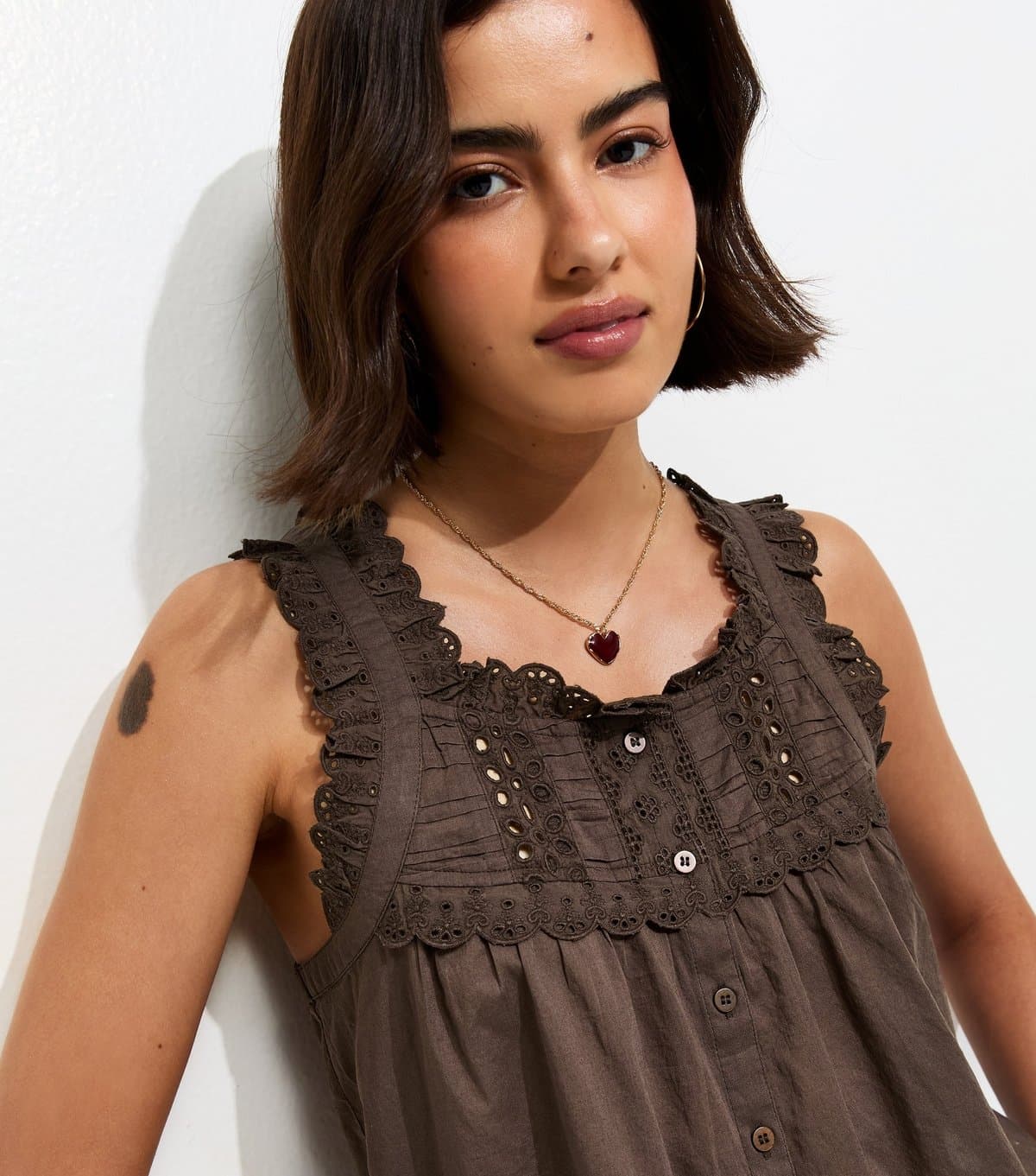 New Look Women's Brown Embroidered Button Front Cami Top New Look