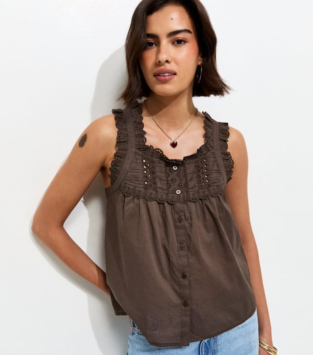 New Look Women's Brown Embroidered Button Front Cami Top New Look - 2
