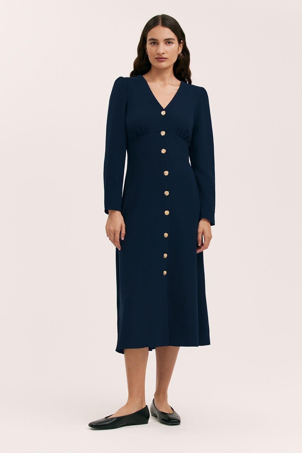Finery London Finery London Women's Caprice Long Sleeve Crepe Midi Dress in Dark Navy - 1
