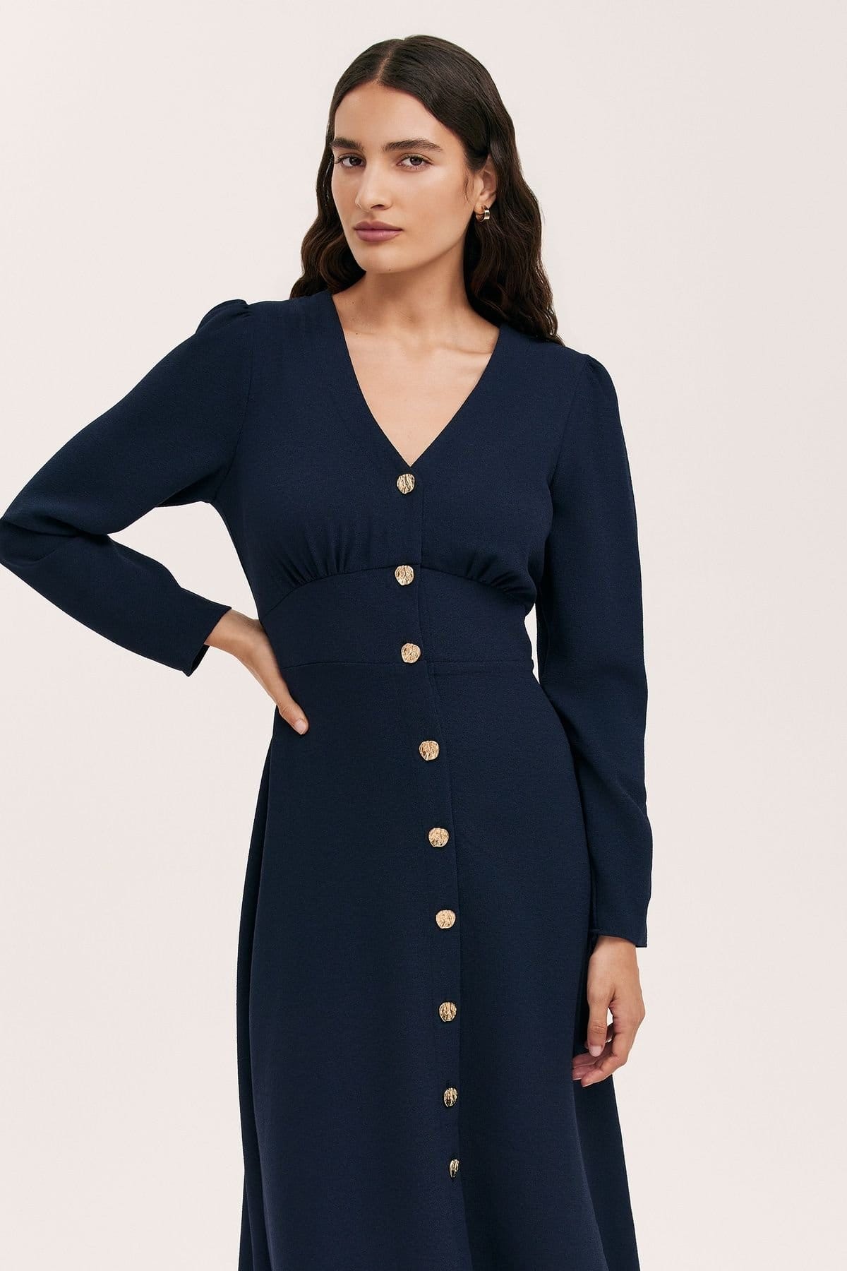 Finery London Finery London Women's Caprice Long Sleeve Crepe Midi Dress in Dark Navy - 4