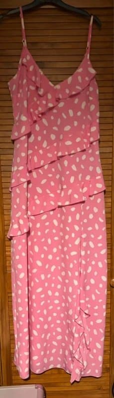 New Look New Look Pink Abstract Spot Satin Ruffle Maxi Dress Size 12