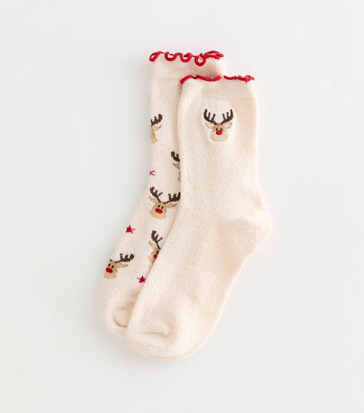 New Look Pack of 2 Cream Cosy Knit Christmas Reindeer Embroidered Frill Socks New Look