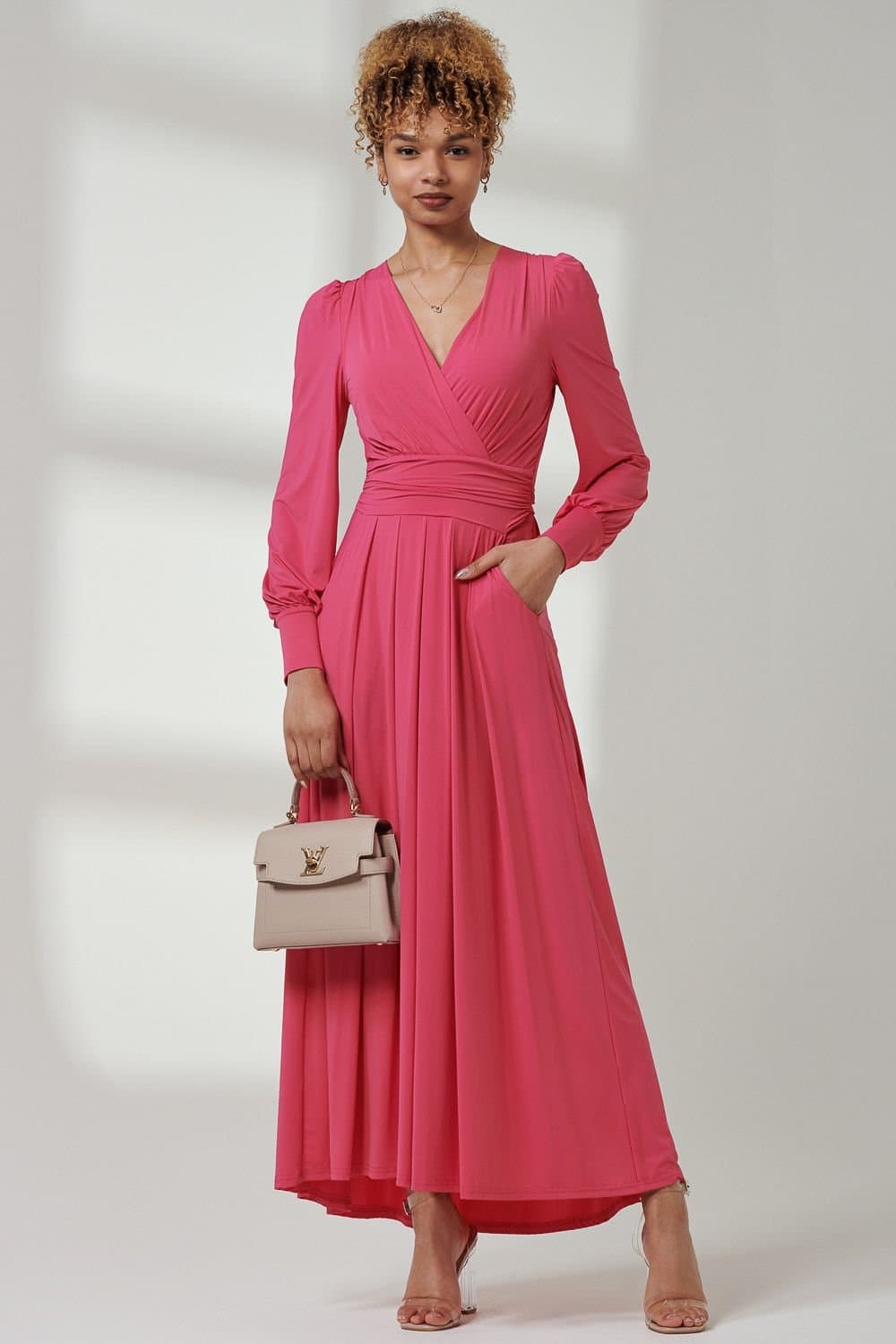 Jolie Moi Jolie Moi Women's Giulia Long Sleeve Maxi Dress in Bright Pink