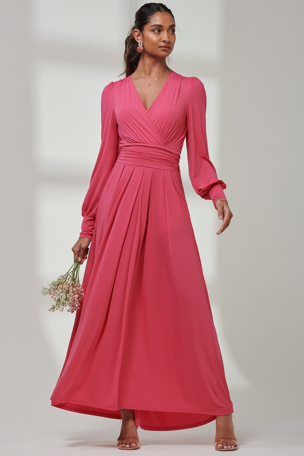 Jolie Moi Jolie Moi Women's Giulia Long Sleeve Maxi Dress in Bright Pink - 4