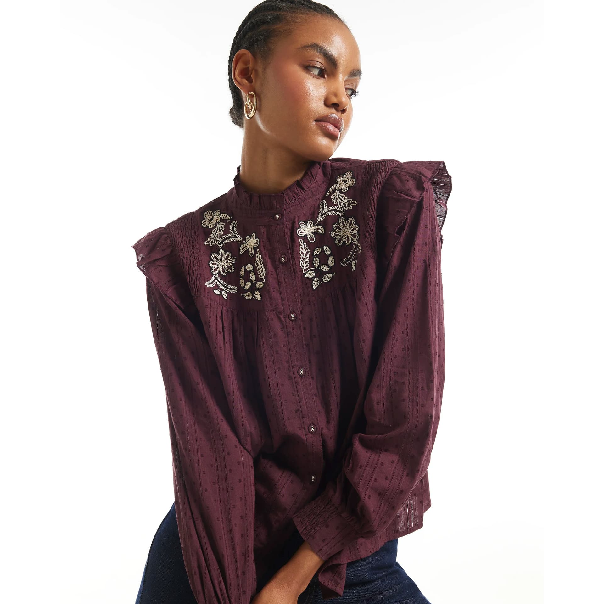 River Island River Island Womens Purple Floral Embroidered Yoke Blouse