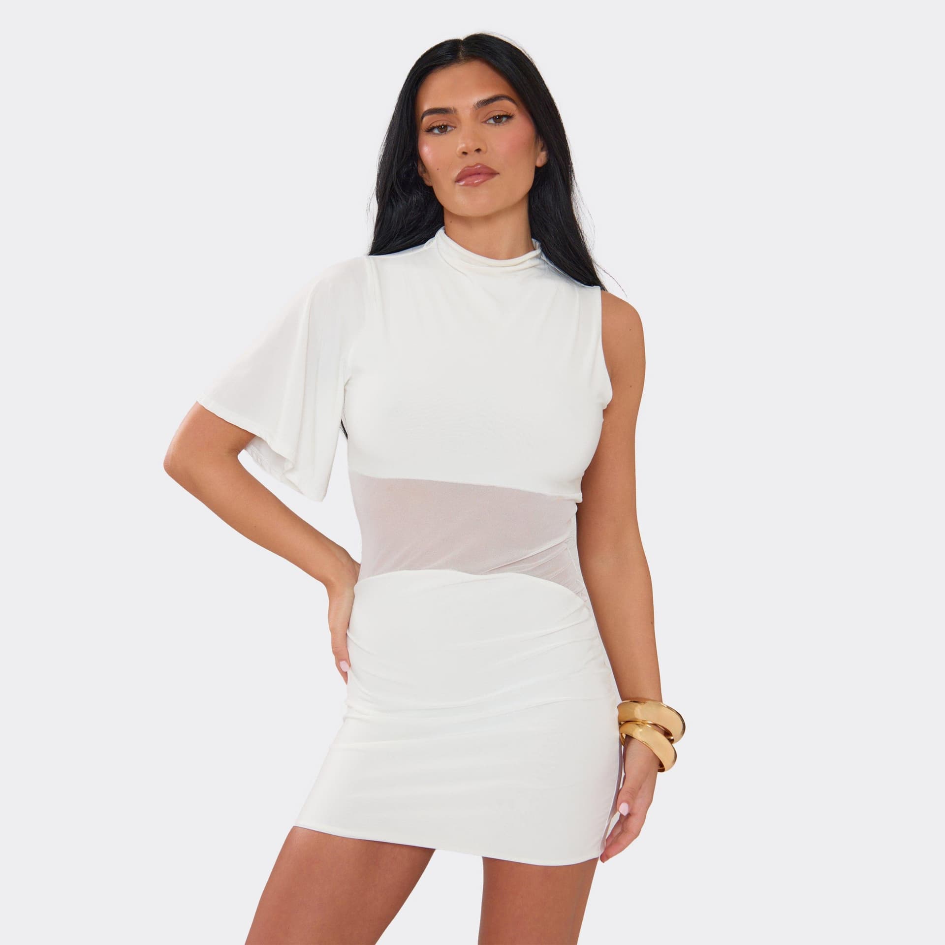 EGO One Shoulder Mesh Panel Detail Mini Dress In White Slinky., Women's Size UK 6