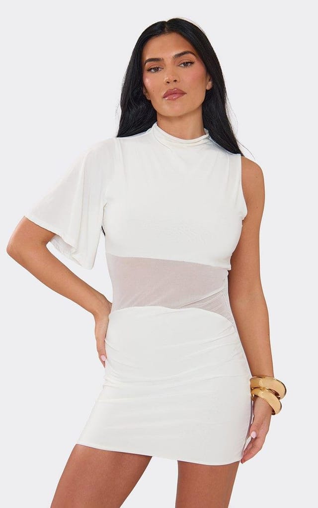 EGO One Shoulder Mesh Panel Detail Mini Dress In White Slinky., Women's Size UK 6 - 2
