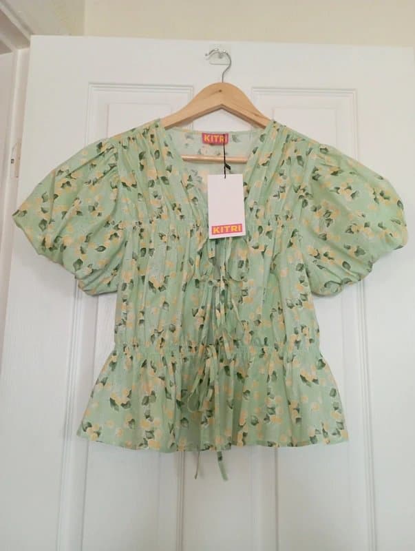 Kitri Kitri | Pale green yellow cherry print puff sleeve tie front Emma cotton blouse UK 12 BNWT £115