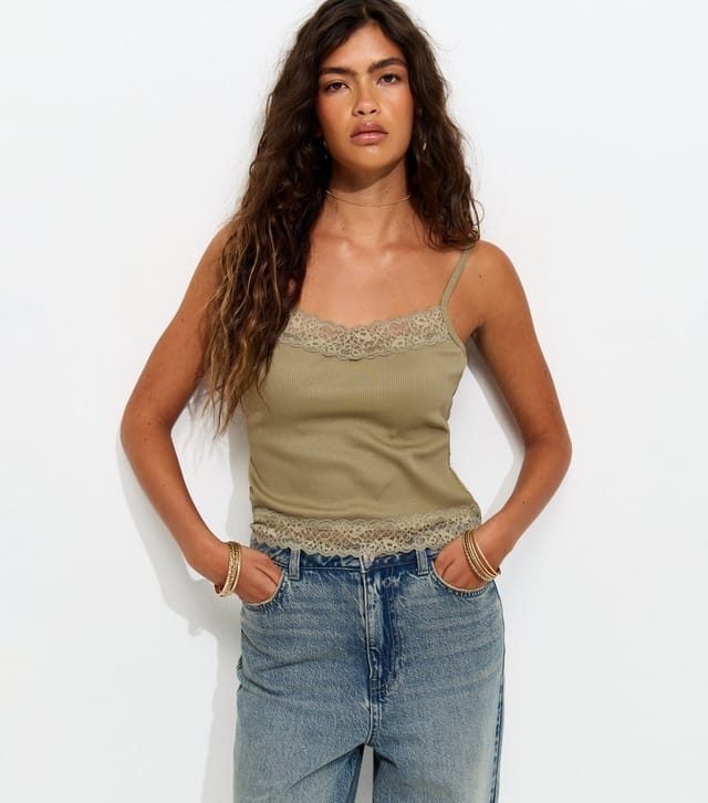 New Look Women's Light Khaki Cotton Rich Lace Trim Cami Top New Look - 3