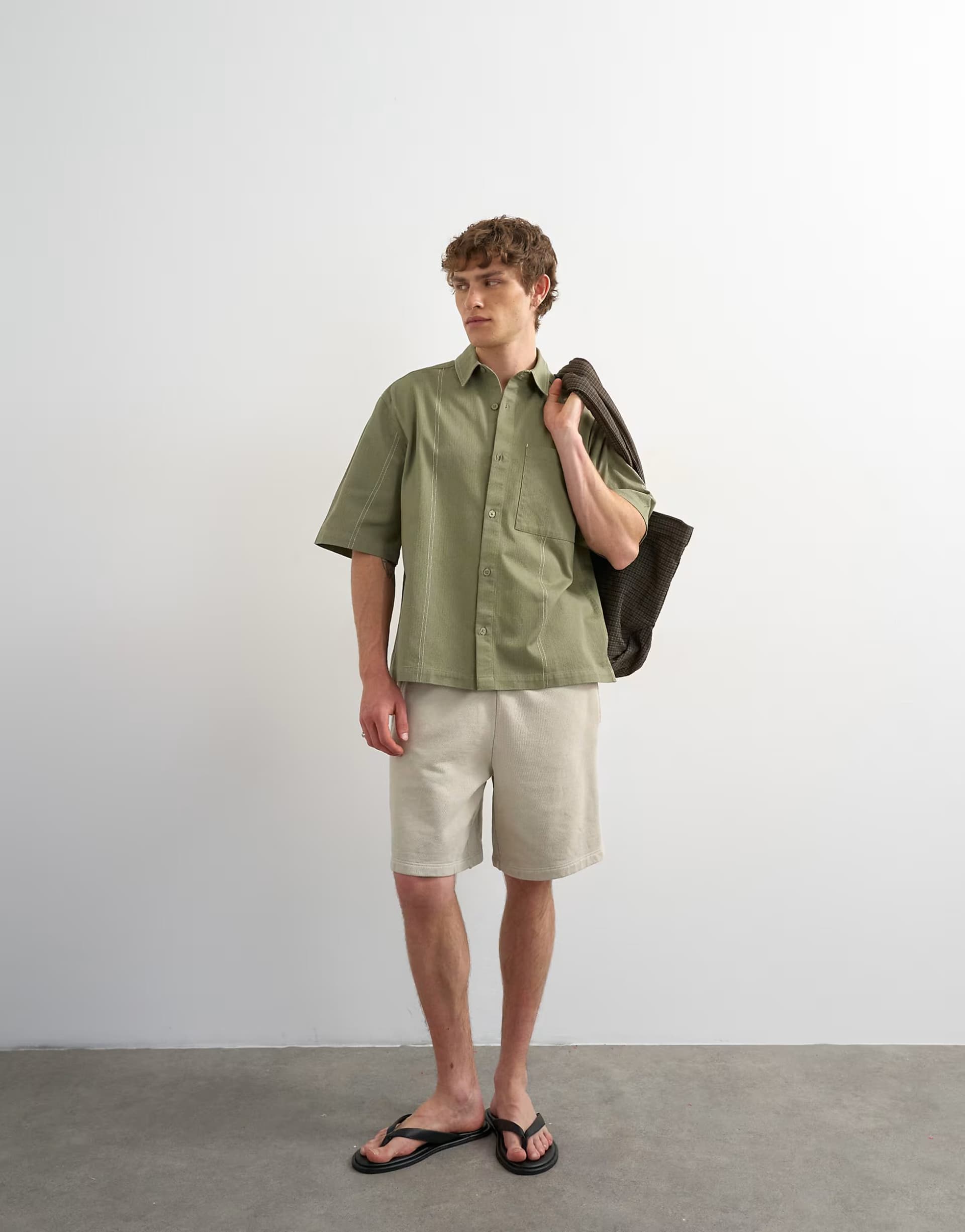 ASOS Topman relaxed fit crop short sleeve herringbone shirt in olive green