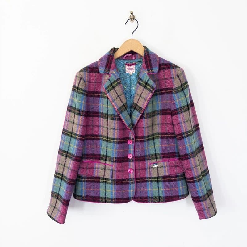 Ness Ness Tweed Wool Country Jacket Size 16 Check Pink Blue Bright Multi Blazer