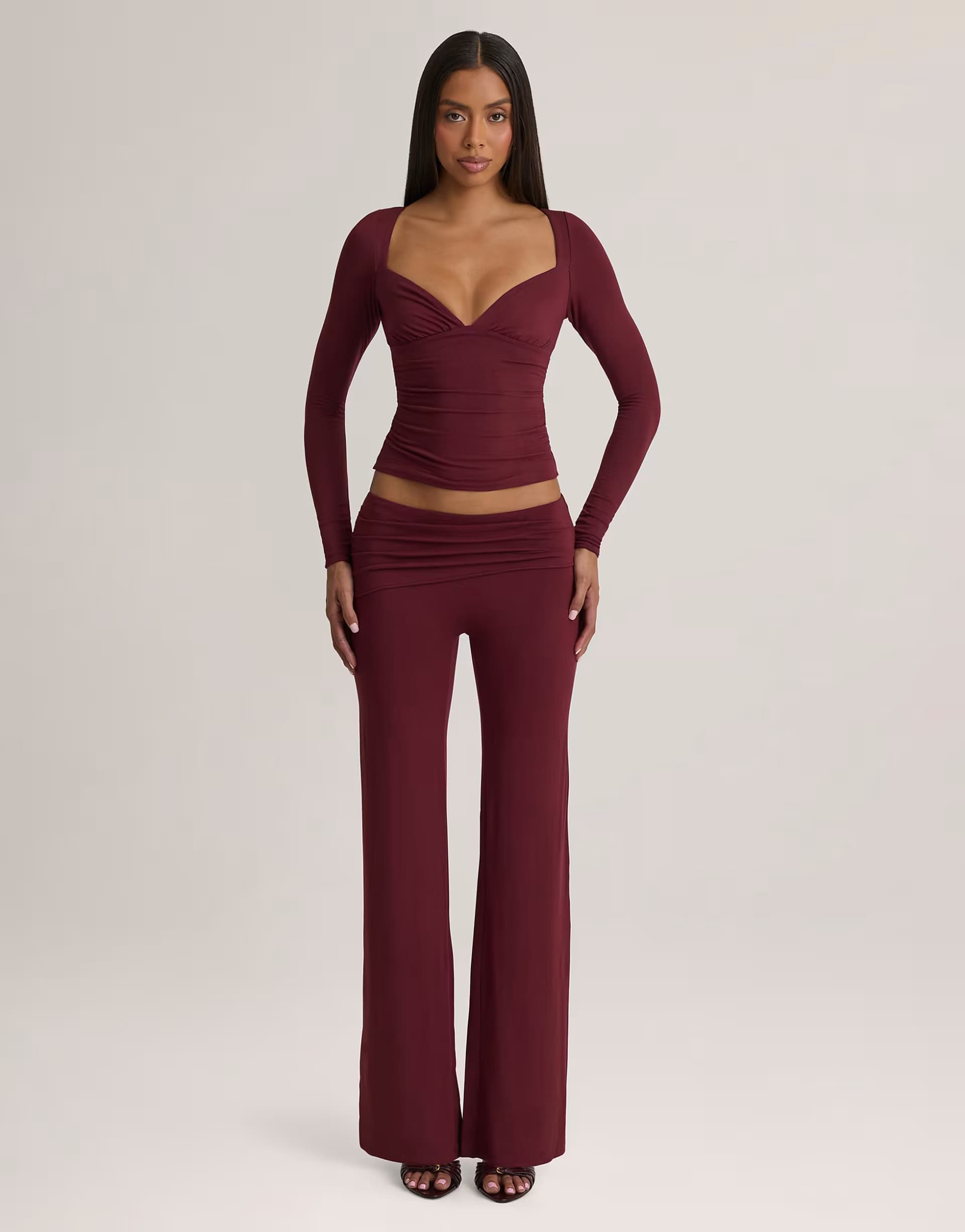 ASOS Oh Polly modal v-neck long sleeve ruched waist top and mid rise straight leg trousers co-ord in plum