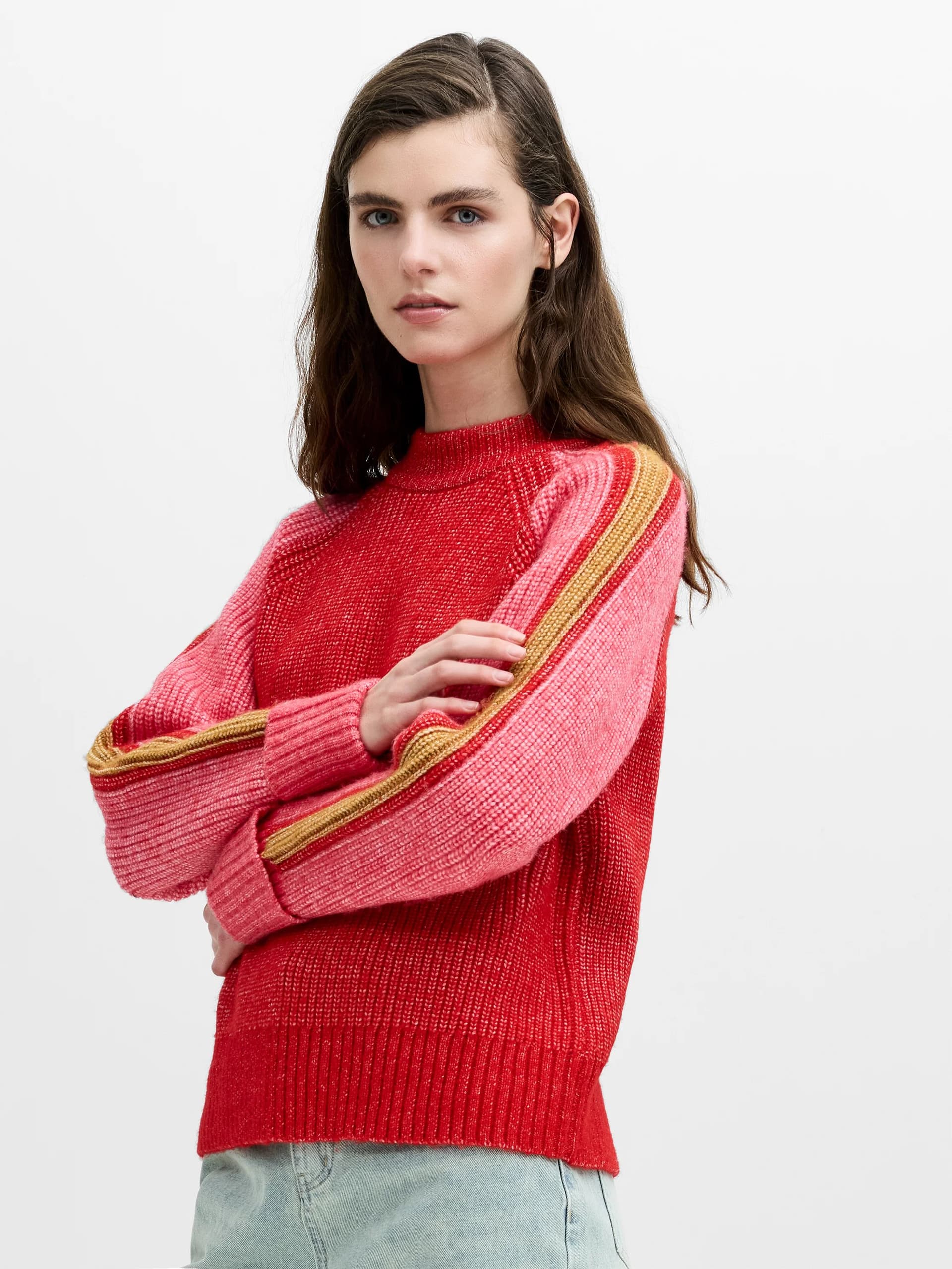 French Connection Kessy Multi-Colour Striped Sleeve Jumper Rouge Red Multicoloured