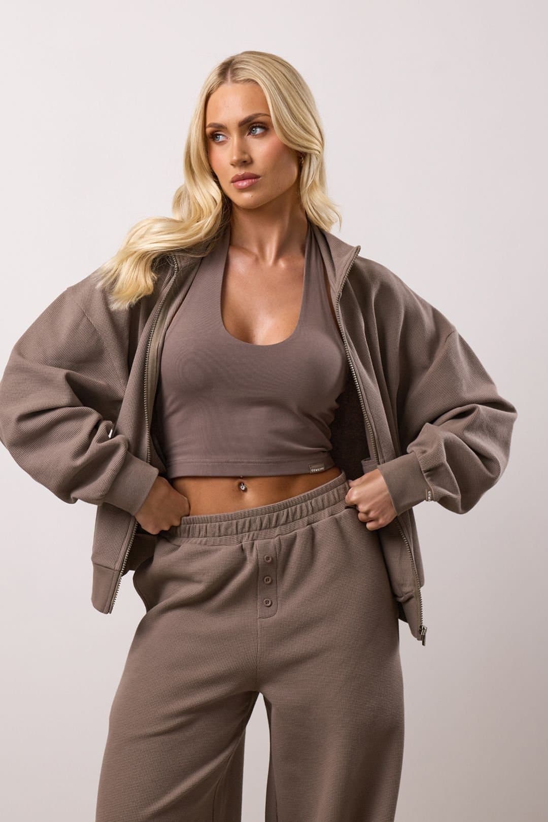 Gym King GYM KING Women's Waffle Full Zip Funnel Truffle in Beige