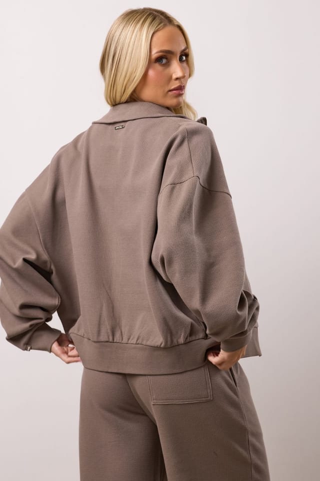 Gym King GYM KING Women's Waffle Full Zip Funnel Truffle in Beige - 3
