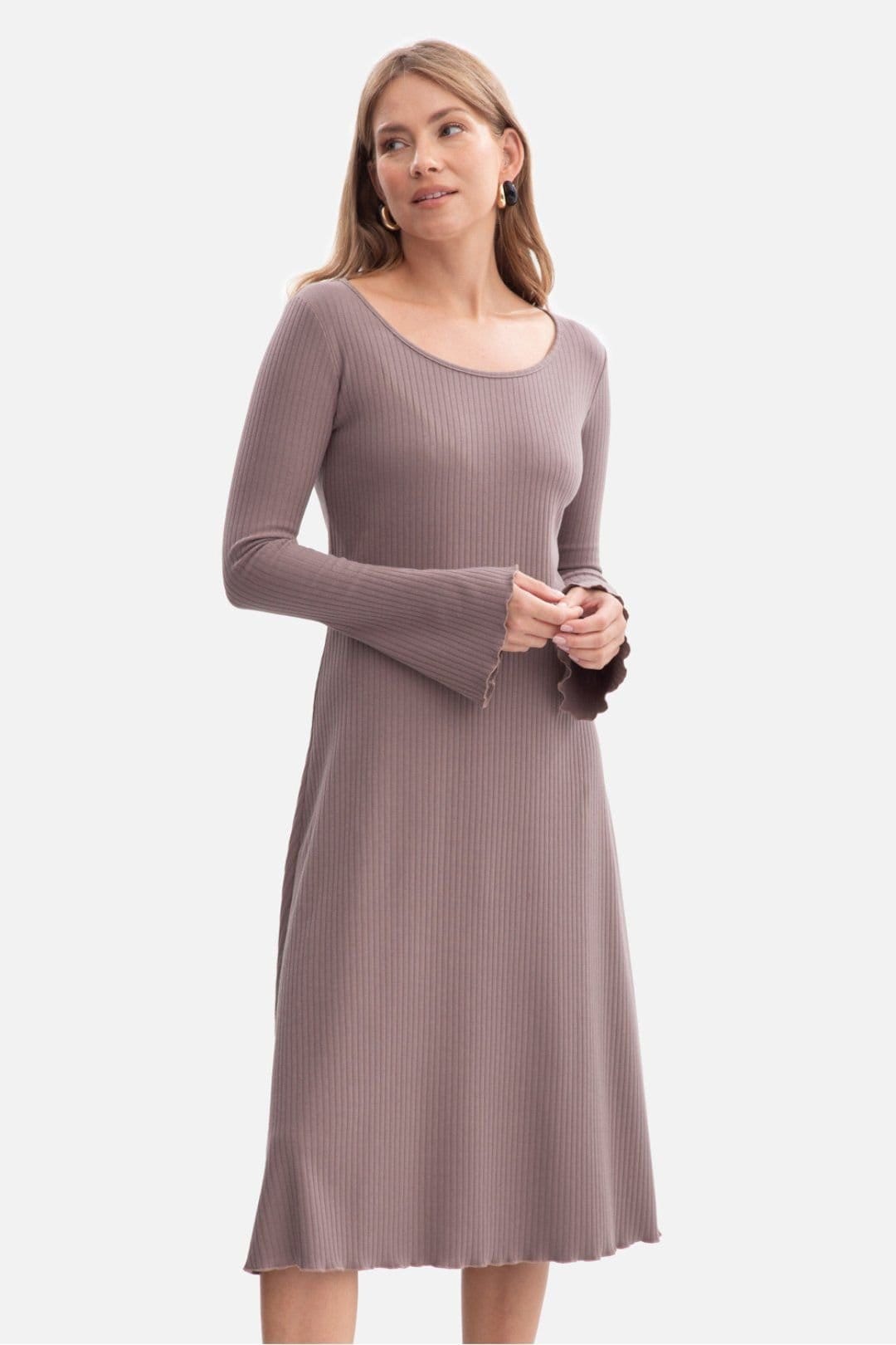 Love Lace Love Lace Women's Soft Ribbed Midi Dress with Wavy Hem in Taupe - 1