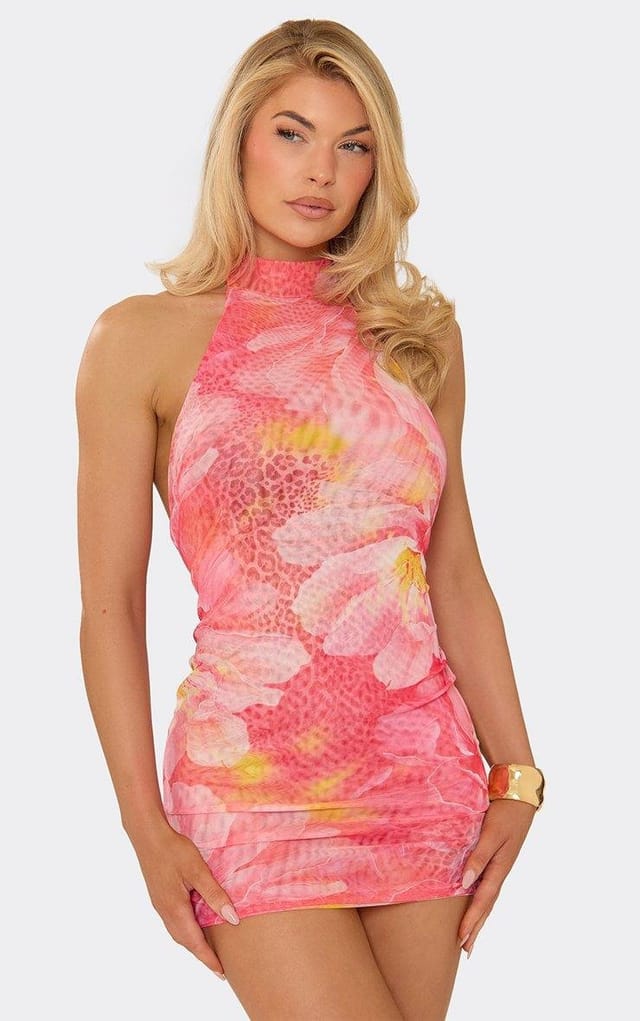EGO Halterneck Open Back Mini Beach Dress In Pink Multi Floral Print, Women's Size UK 6 - 2