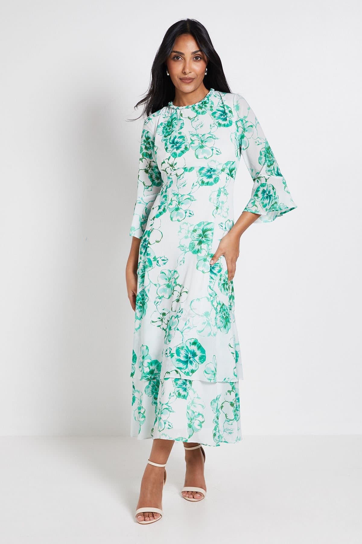 Wallis Wallis Women's Petite Floral Neck Trim Ruffle Midi Dress in Green