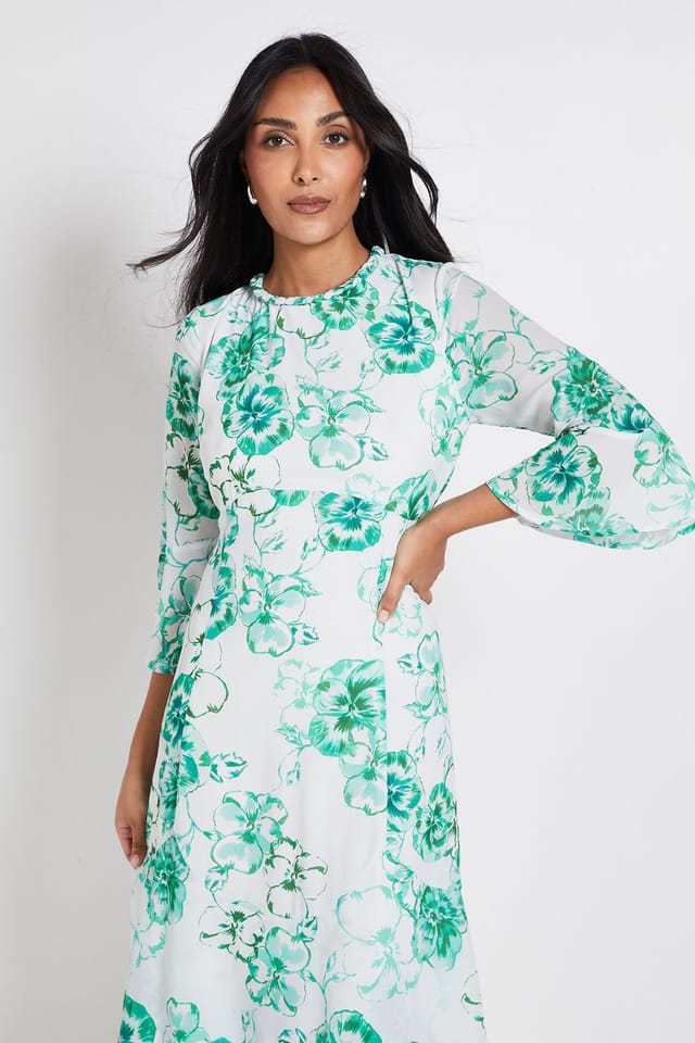 Wallis Wallis Women's Petite Floral Neck Trim Ruffle Midi Dress in Green - 2