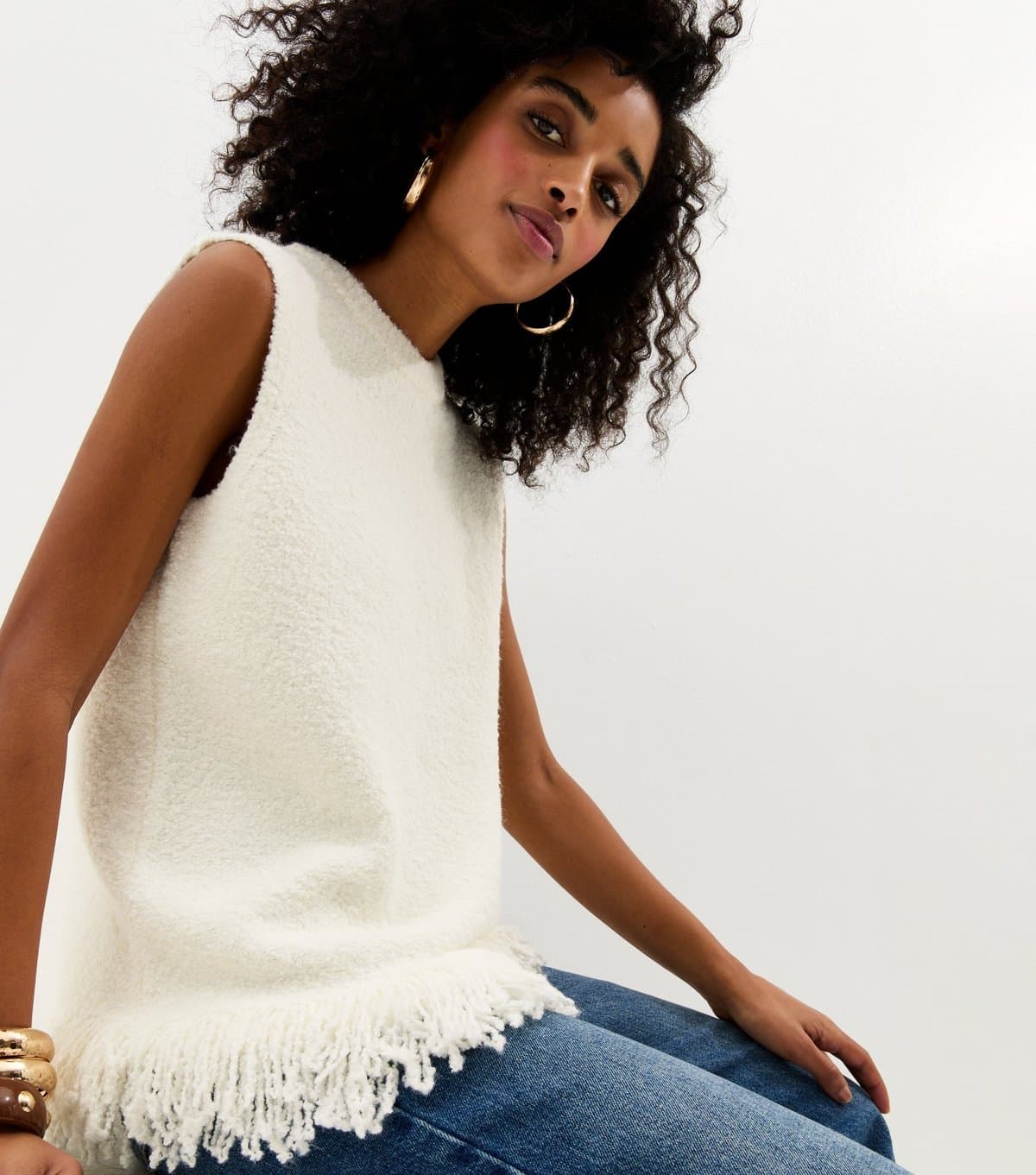 New Look Women's Cream Boucle Fringed Hem Tabard Top New Look