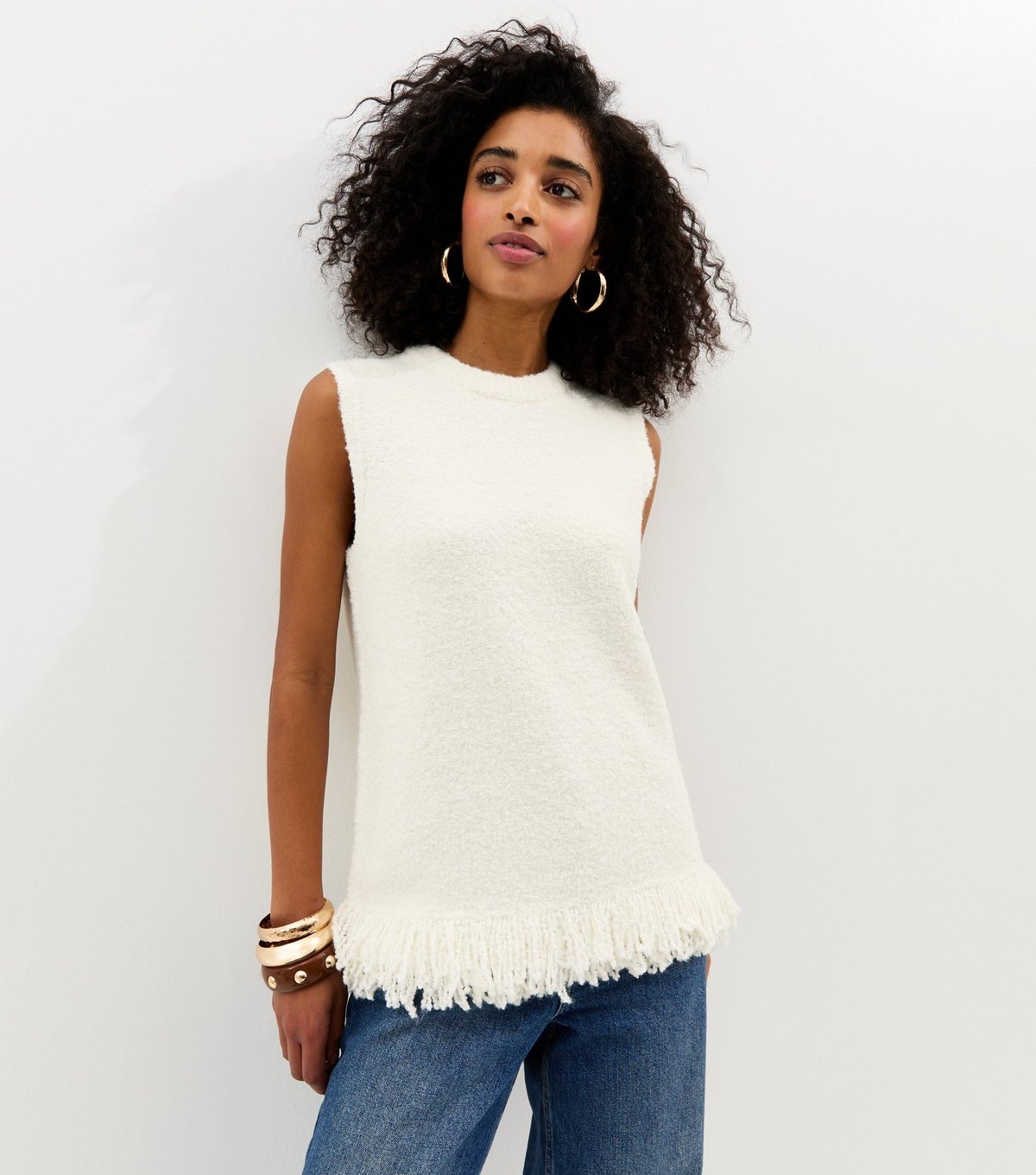 New Look Women's Cream Boucle Fringed Hem Tabard Top New Look - 2