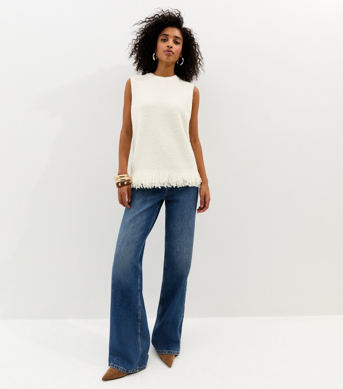 New Look Women's Cream Boucle Fringed Hem Tabard Top New Look - 3