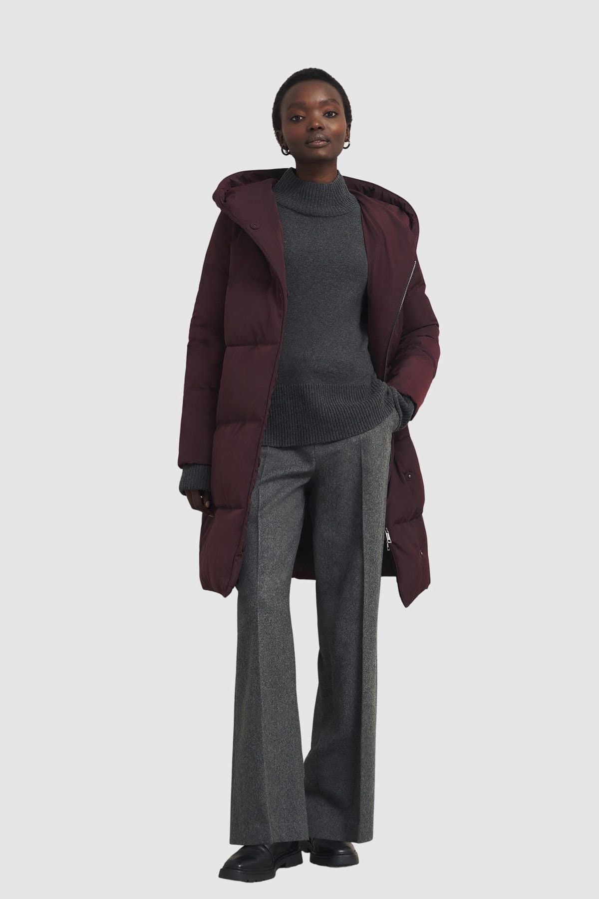 Hobbs London Hobbs London Maroon Longline Hooded Puffer Coat