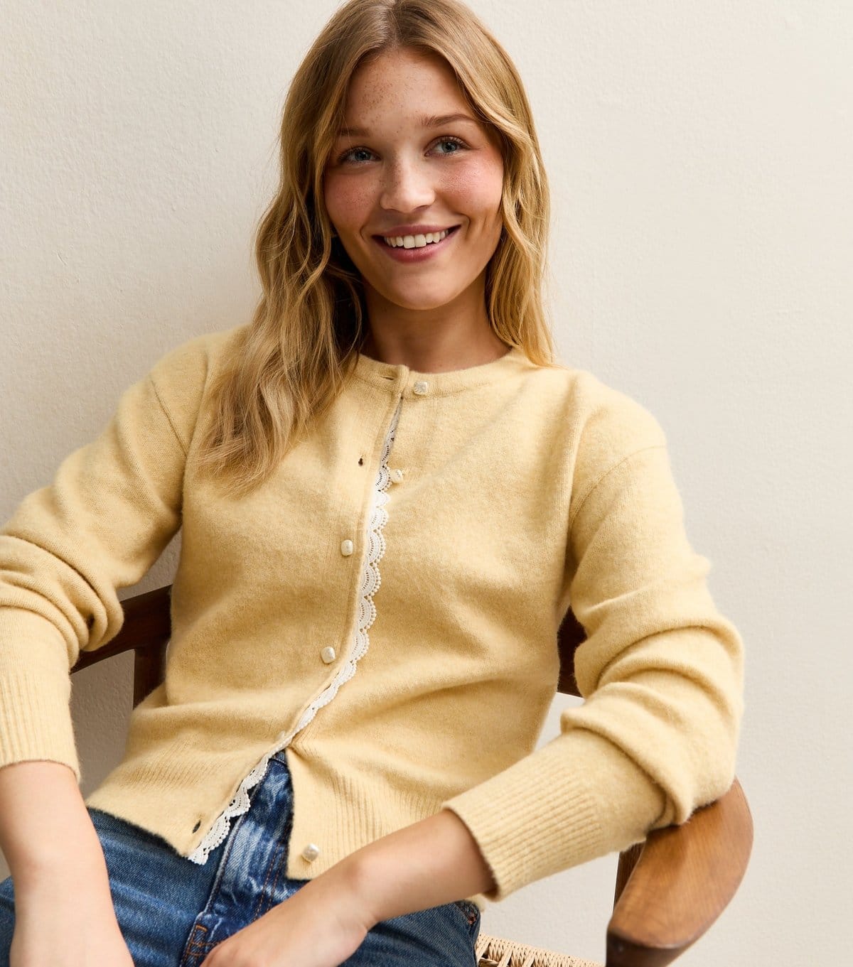 New Look Light Yellow Lace Trim Crew Neck Cardigan