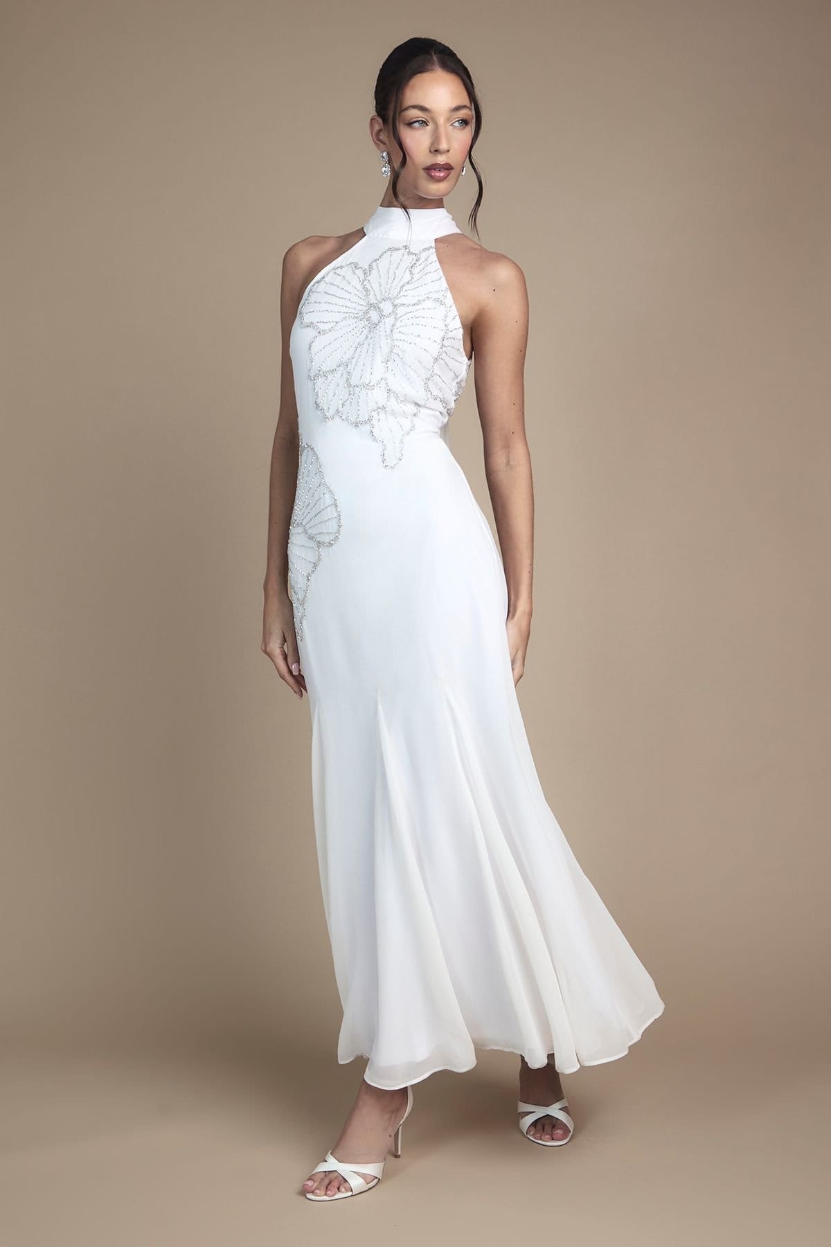 Coast Ivory Satin Maxi Wedding Dress with Floral Embellishments