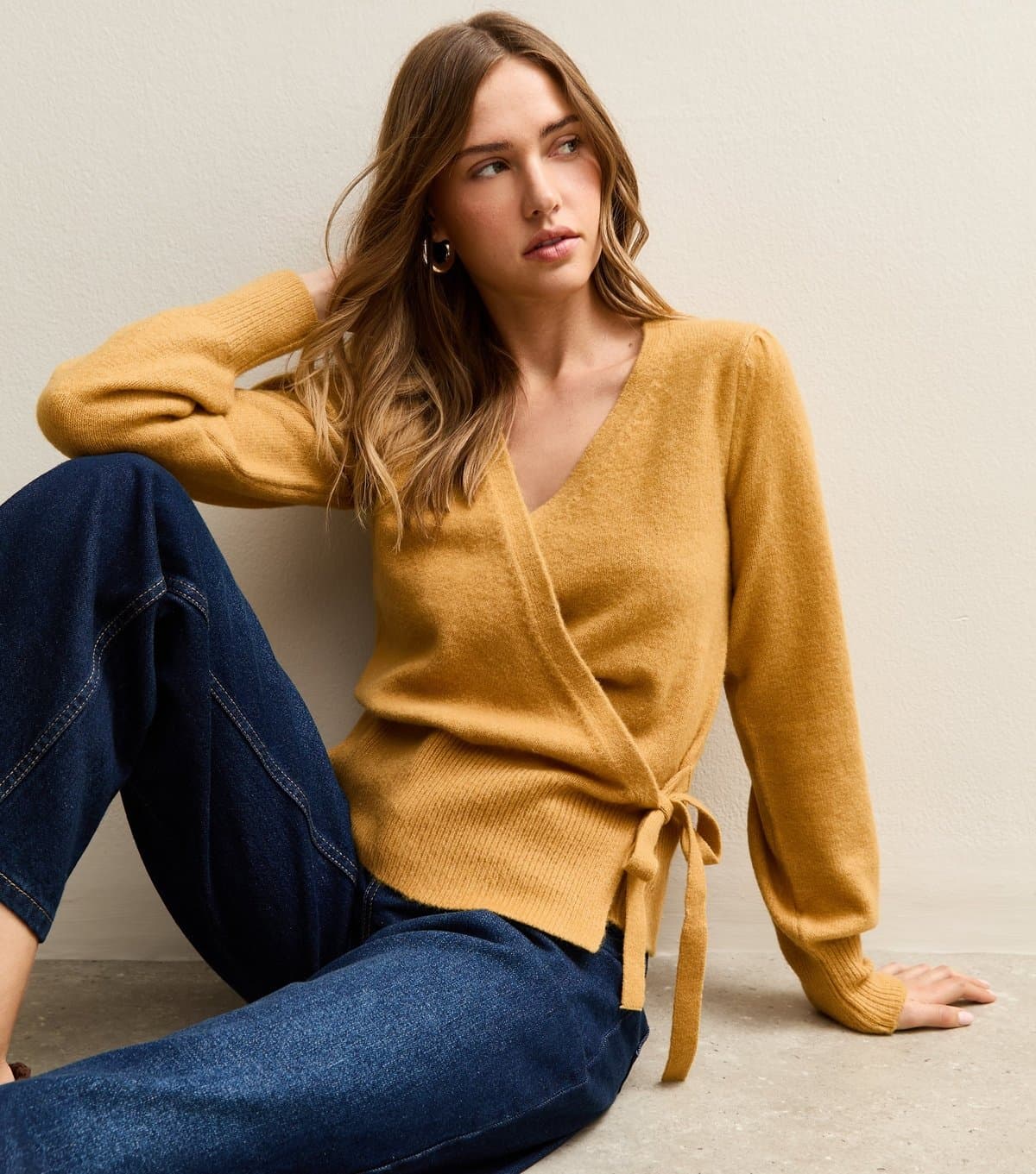 New Look Women's Dark Yellow Puff Sleeve Wrap Jumper New Look