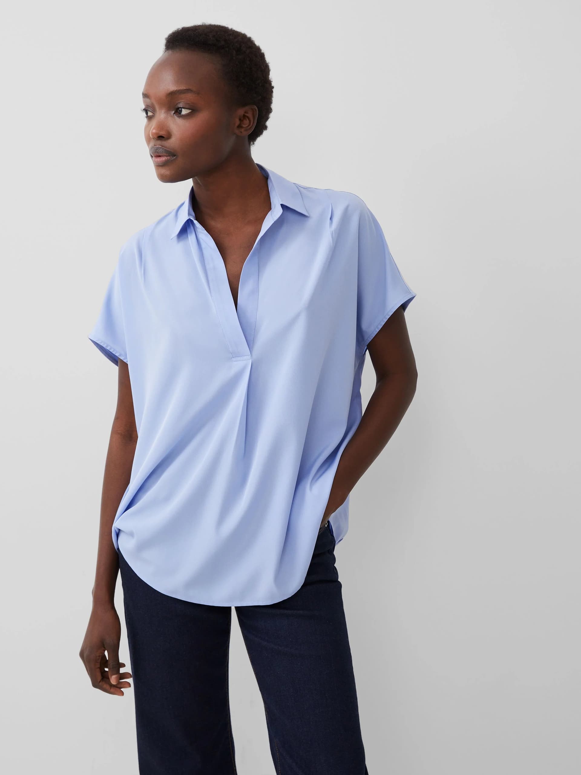 French Connection Crepe Light Recycled Popover Shirt Bluebell