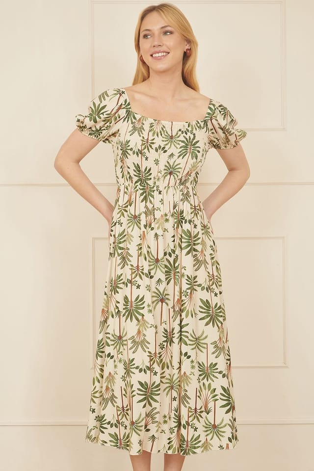 Yumi Yumi Women's White Cotton Palm Print Ruched Midi Dress in Beige - 2