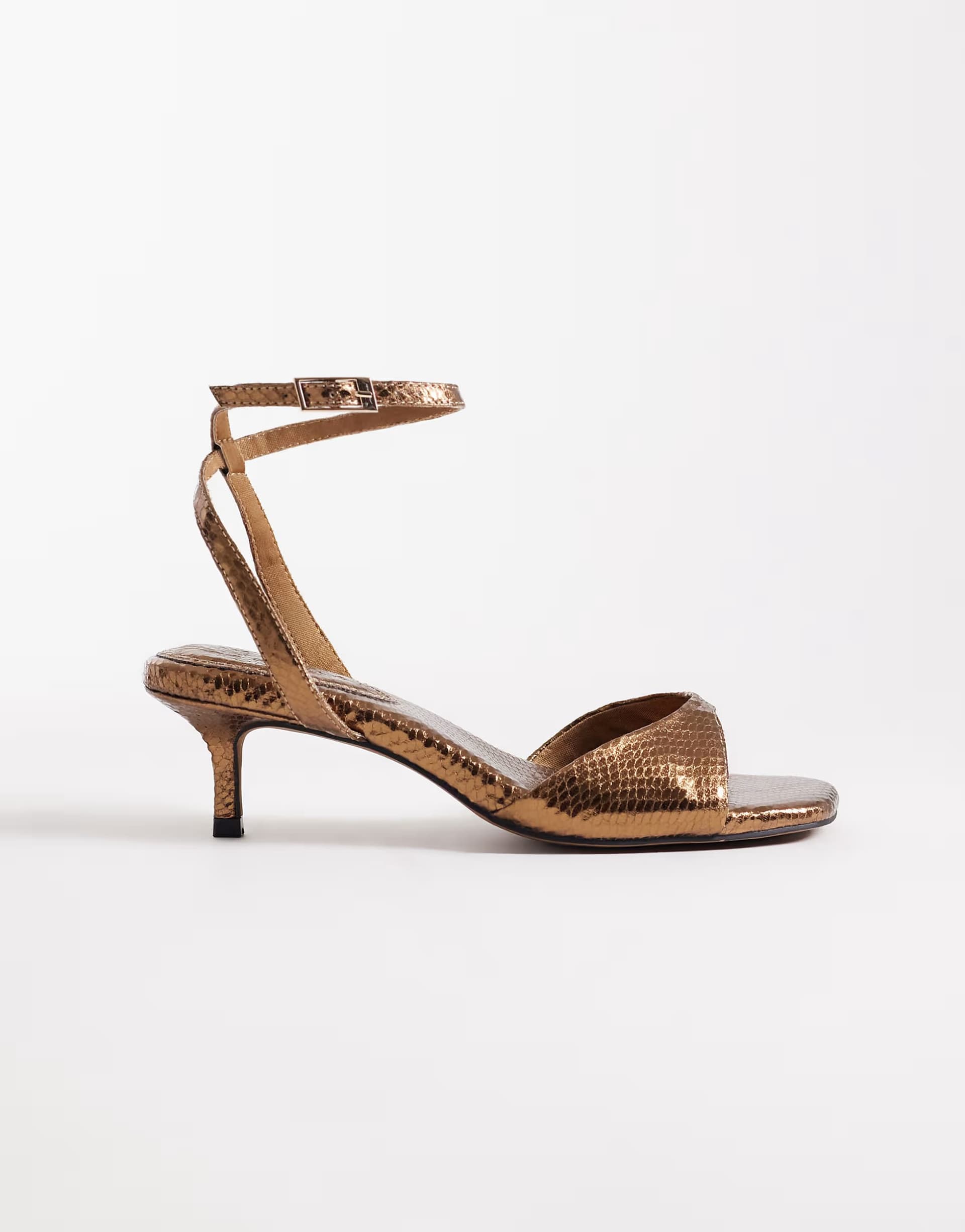 ASOS ASOS DESIGN Heartfelt barely there kitten heel sandals in warm gold snake