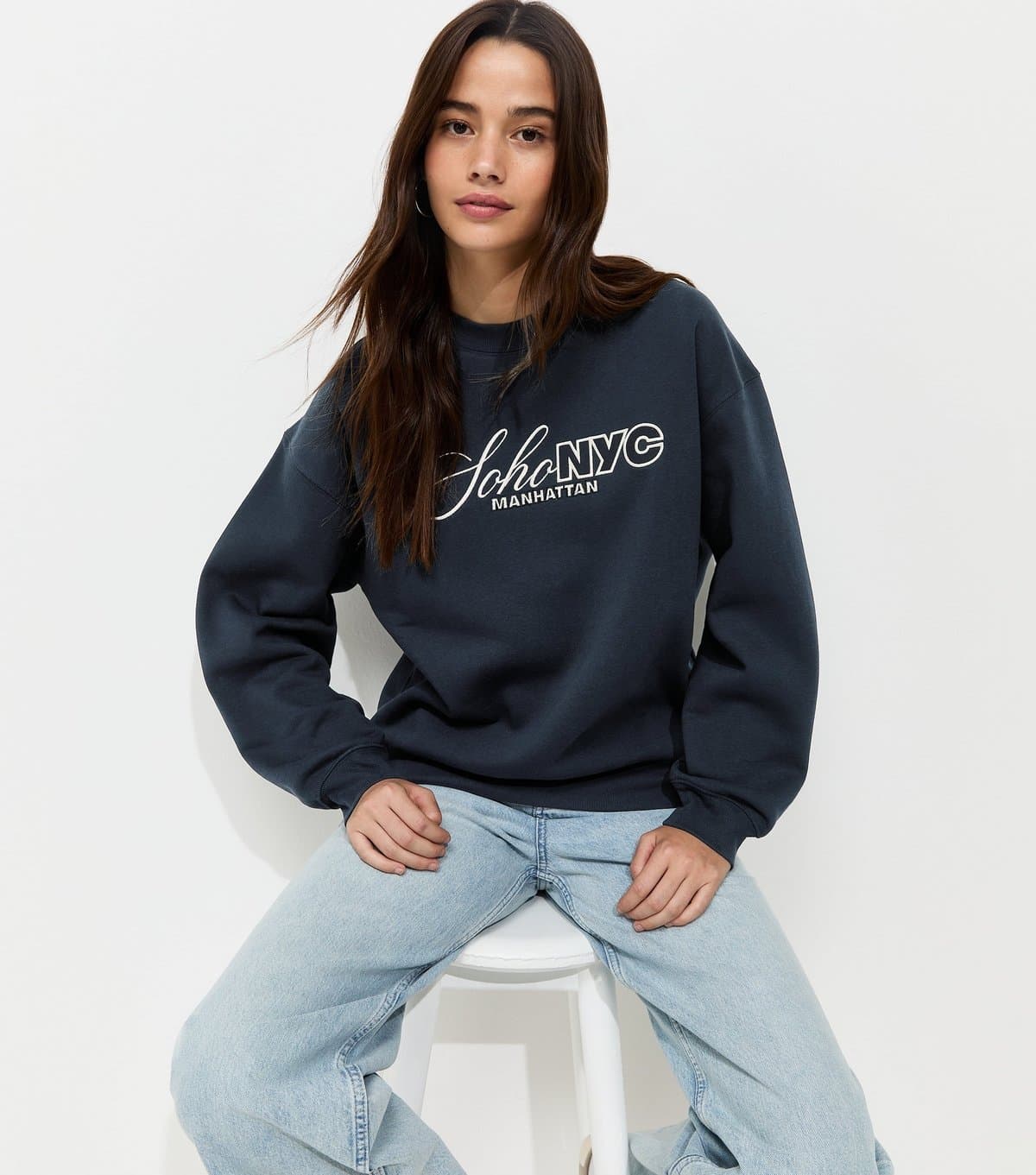 New Look Women's Navy Cotton Rich Embroidered Soho Logo Sweatshirt New Look
