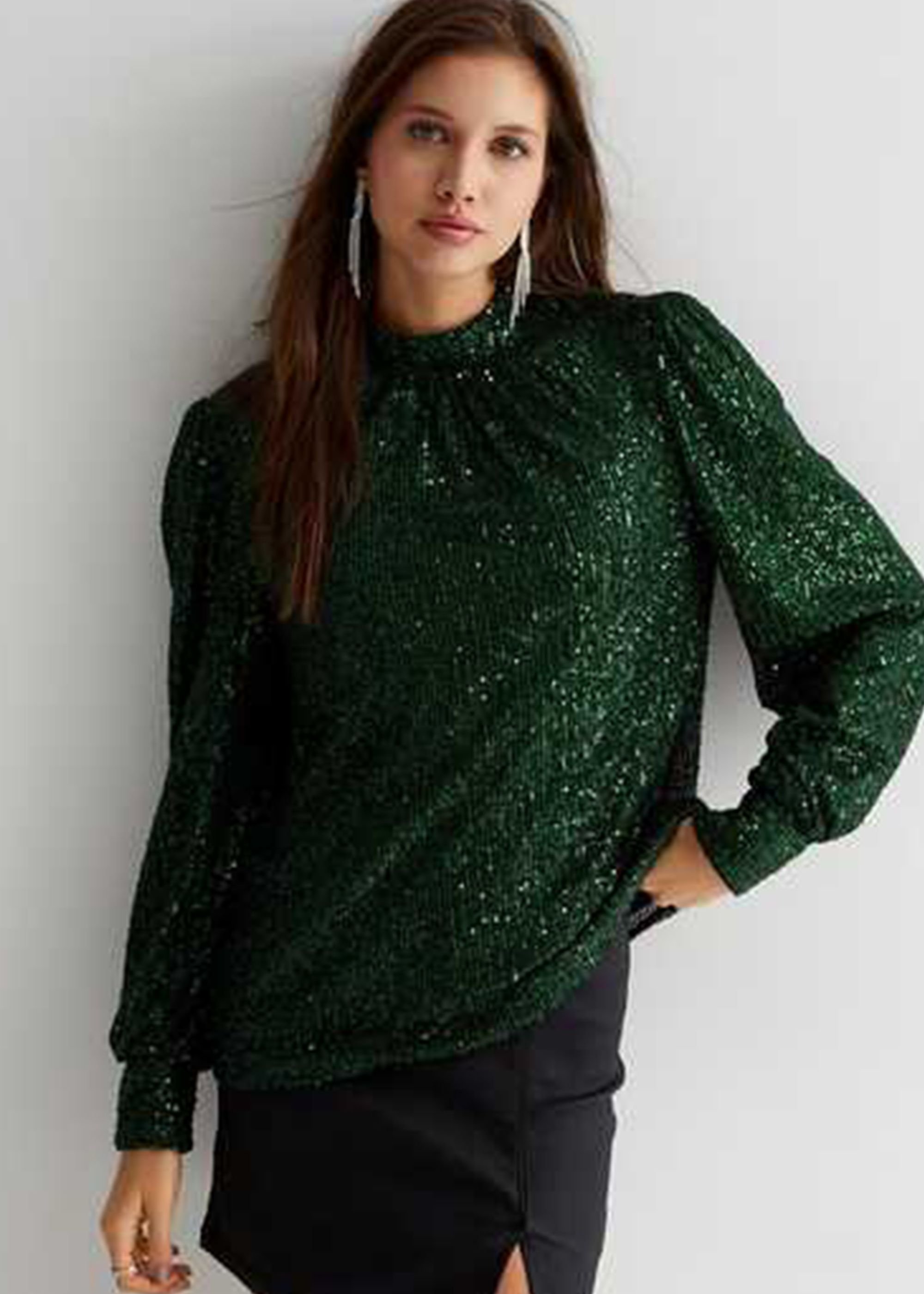 Gini London Gini London Women's Green Sequin High Neck Loosefit Blouse - 2