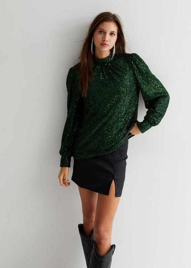 Gini London Gini London Women's Green Sequin High Neck Loosefit Blouse - 3