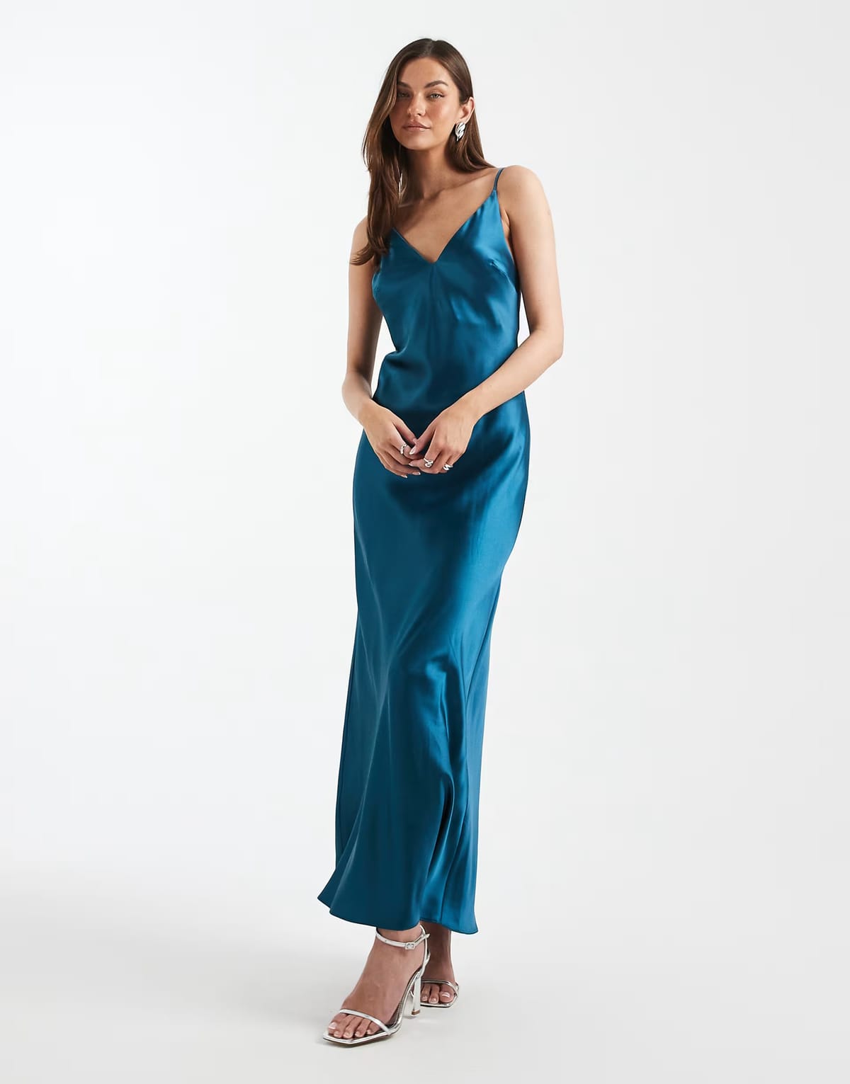 ASOS ASOS DESIGN Tall v neck cami satin slip midi dress in teal - 1