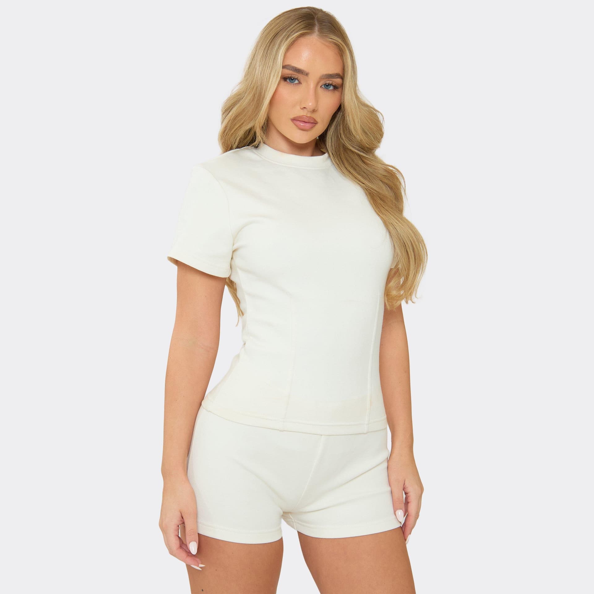 EGO Short Sleeve Shoulder Pad Seam Detail Cinched Waist Top In Cream Interlock, Women's Size UK 6