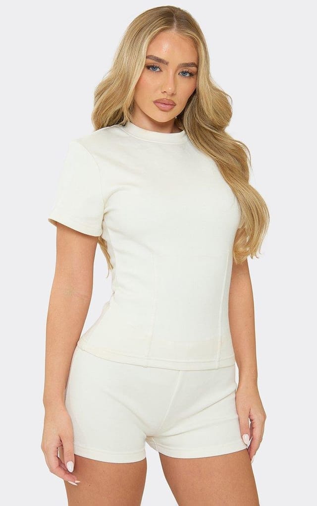 EGO Short Sleeve Shoulder Pad Seam Detail Cinched Waist Top In Cream Interlock, Women's Size UK 6 - 2