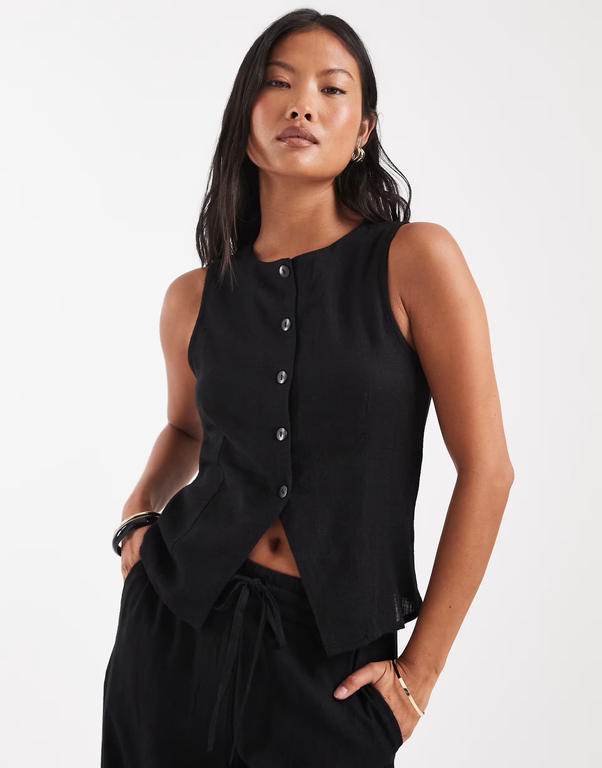 ASOS Noisy May Petite linen mix waistcoat co-ord in black