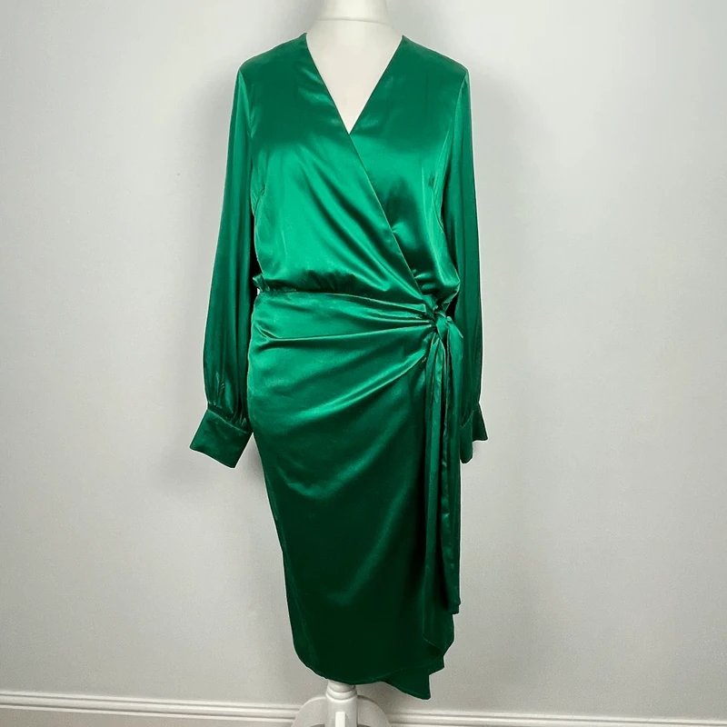 Never Fully Dressed Never Fully Dressed Green satin 'Vienna' Midi Wrap Dress Size 14 - 1