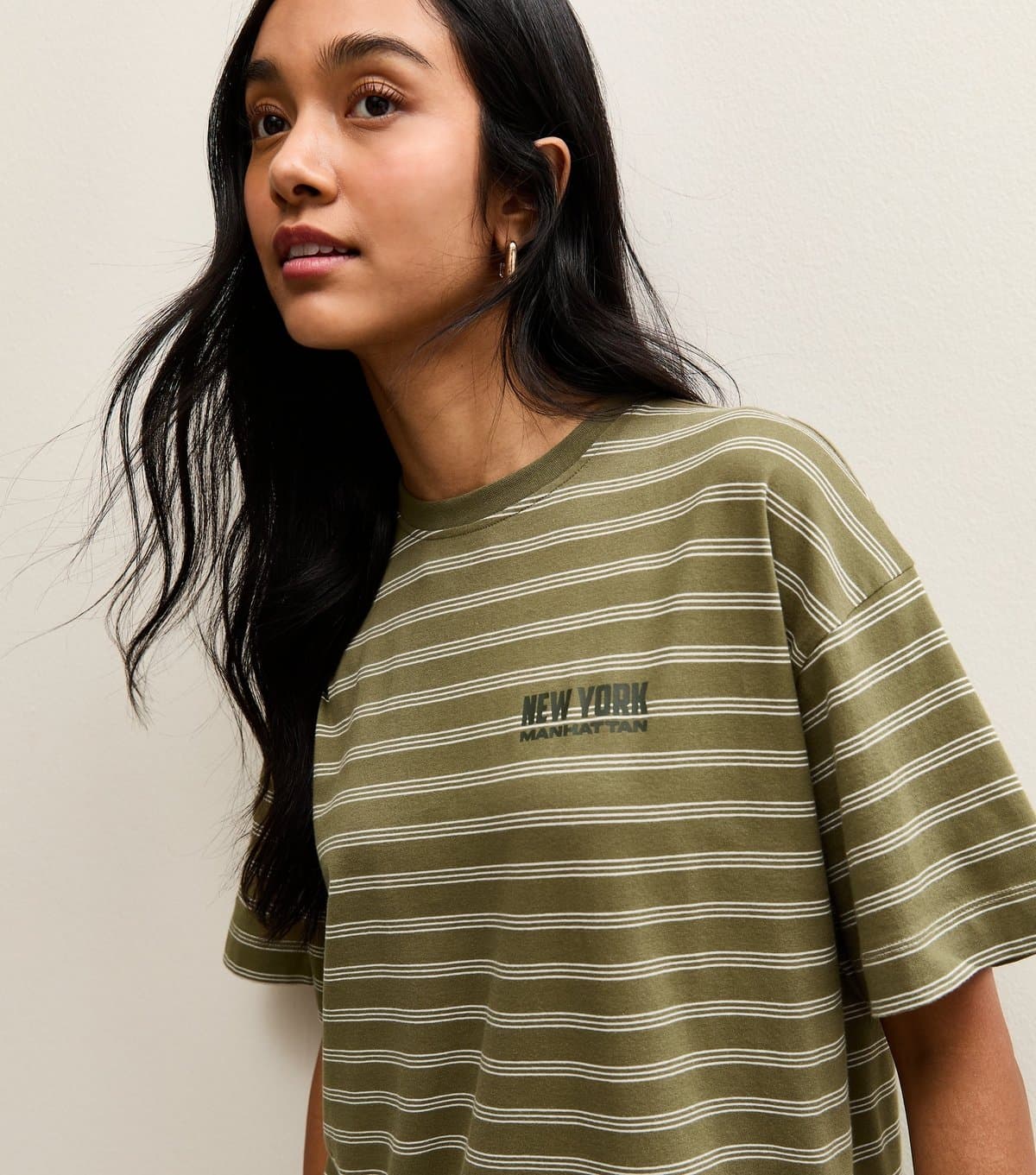 New Look Women's Green Cotton Striped New York Oversized T-Shirt New Look