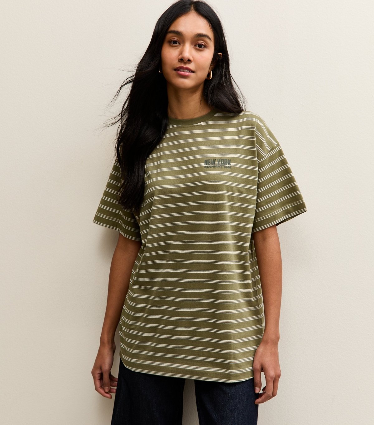 New Look Women's Green Cotton Striped New York Oversized T-Shirt New Look - 2