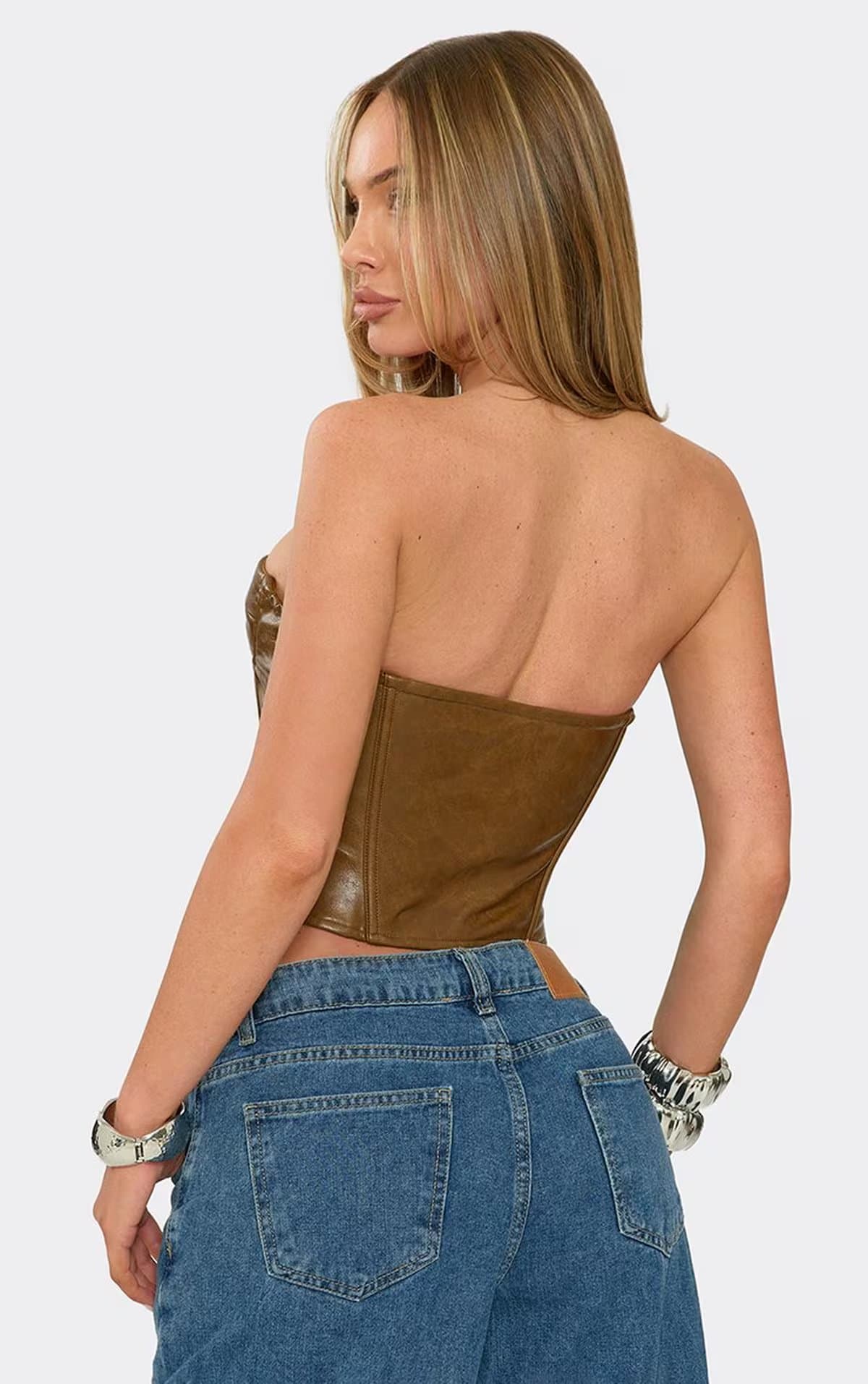 EGO Bandeau Corset Top In Chocolate Brown Faux Leather, Women's Size UK 6
