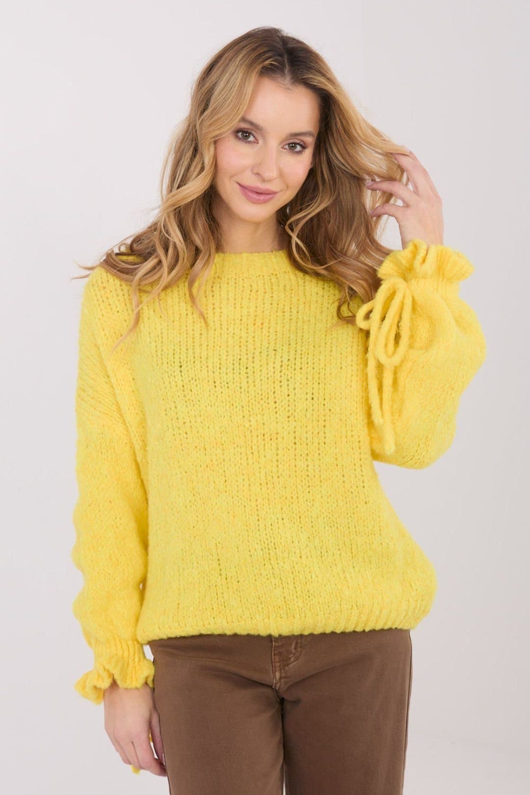 Love Lace Love Lace Women's Everyday Round Neck Ruffle Tie Sleeve Sweater in Yellow