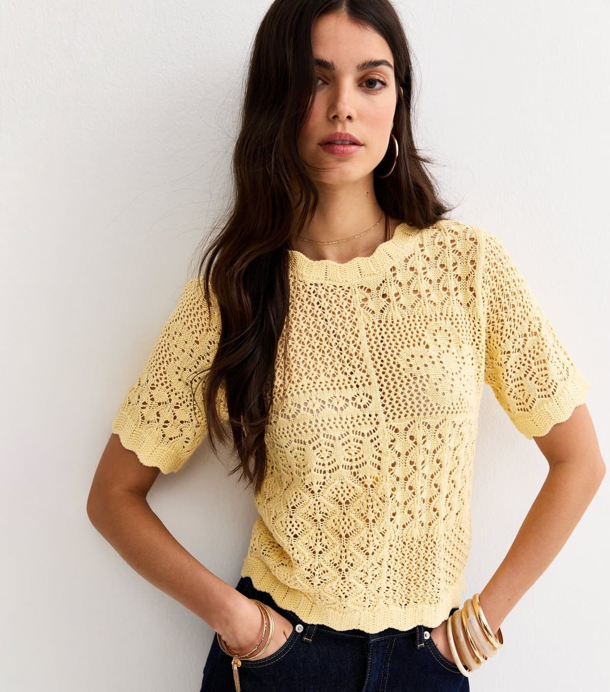 New Look Women's Light Yellow Cotton Rich Pointelle Patchwork Short Sleeve Top New Look