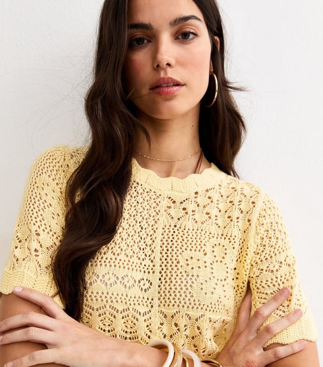 New Look Women's Light Yellow Cotton Rich Pointelle Patchwork Short Sleeve Top New Look - 2