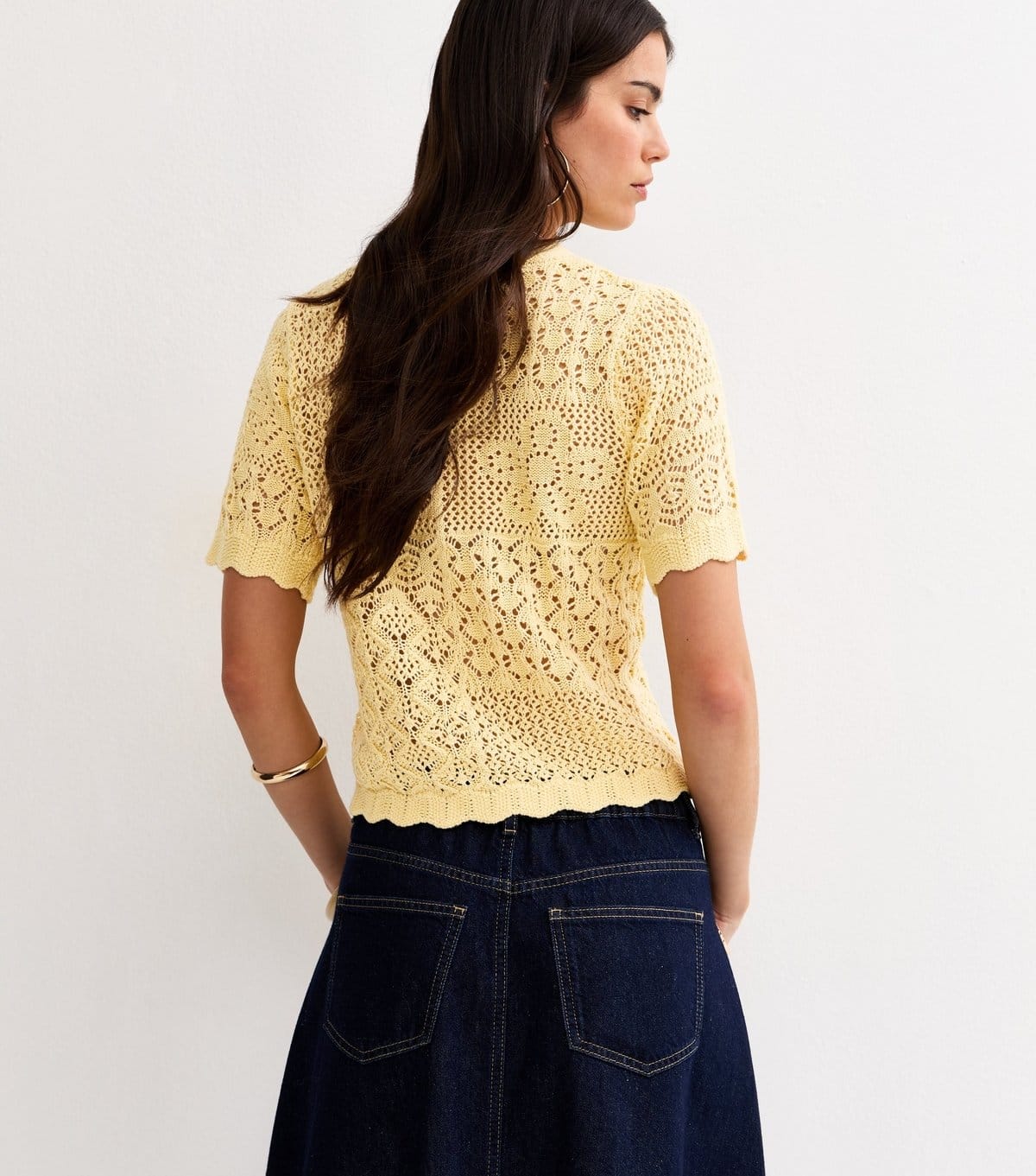 New Look Women's Light Yellow Cotton Rich Pointelle Patchwork Short Sleeve Top New Look - 4