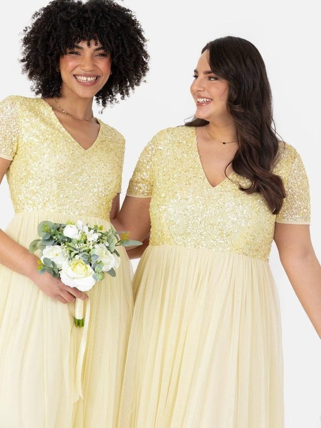 Maya Deluxe Maya Deluxe Women's Short Sleeve V Neck Embellished Maxi Dress in Yellow - 2