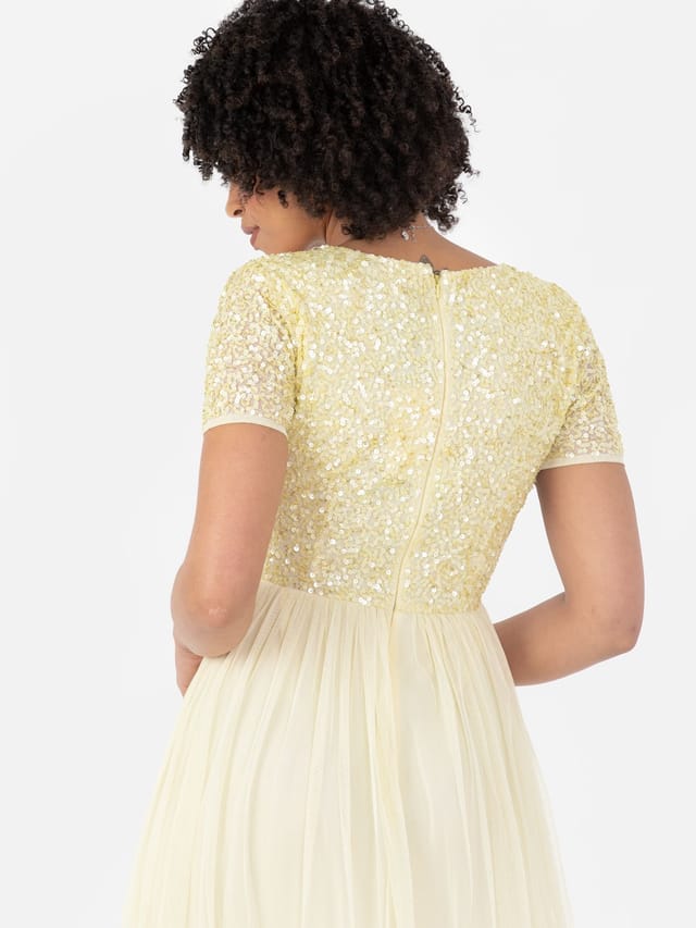 Maya Deluxe Maya Deluxe Women's Short Sleeve V Neck Embellished Maxi Dress in Yellow - 3
